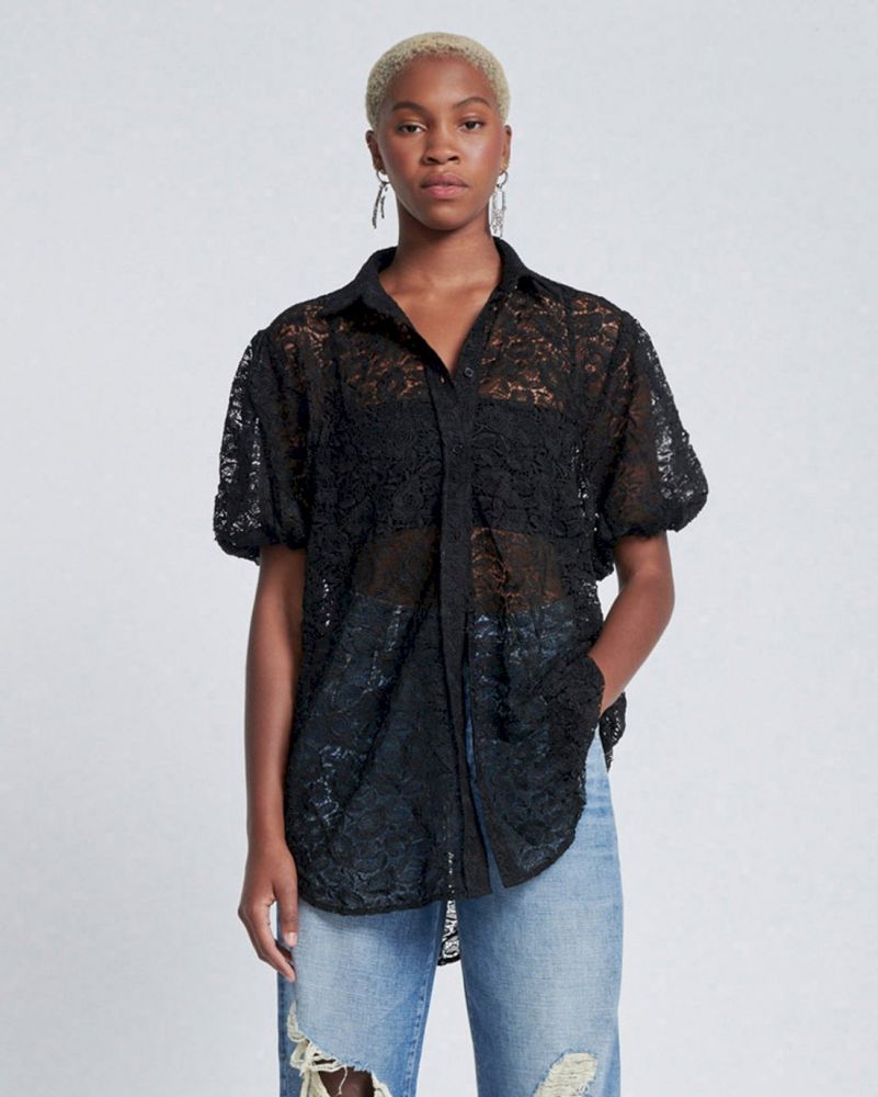 Puff Sleeve Lace Button-Up Tunic in Black