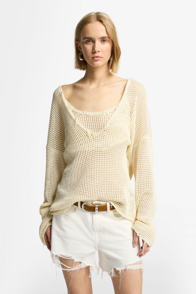 Deep V Neck Pullover Cotton Blend Frayed Hem Honey