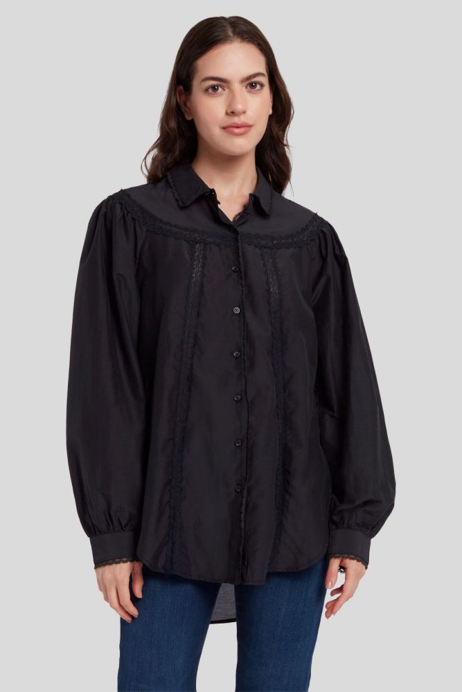 Long Sleeve Lace Trim Blouse Cotton Silk Black