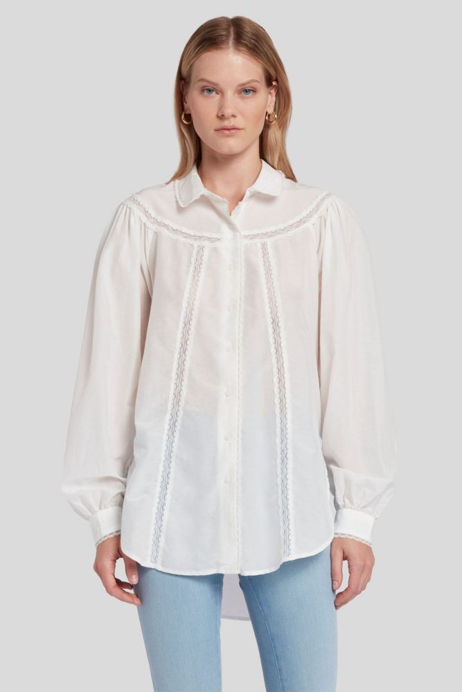 LS Lace Trim Blouse Cotton Silk White