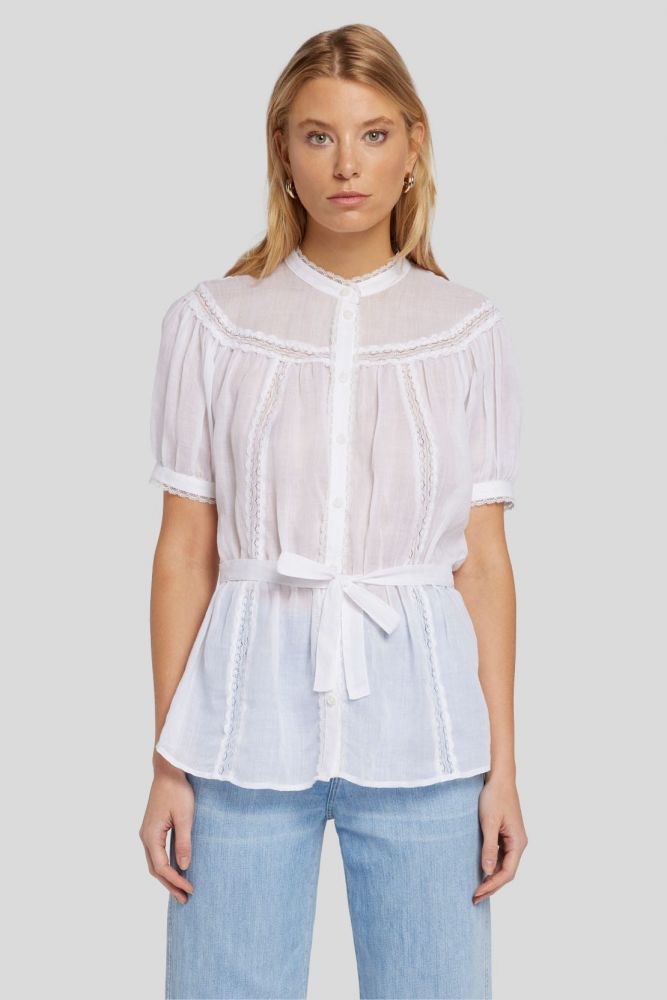 Lace Trim SS Blouse Ramie White
